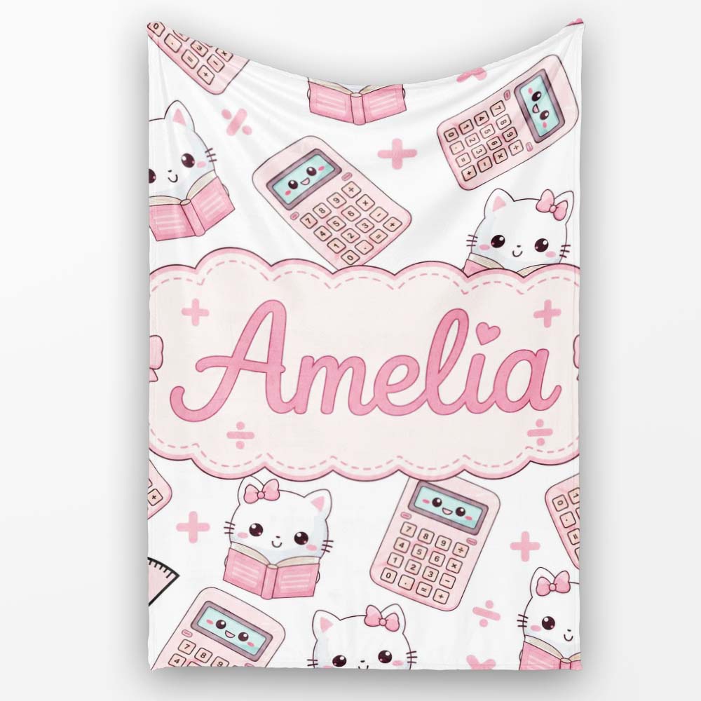 Cute Kawaii Maths Cat Calculator Ruler Grey Seamless Pattern Name  Personalised Custom Name Super Soft Fleece Blanket Bed Sofa Throw