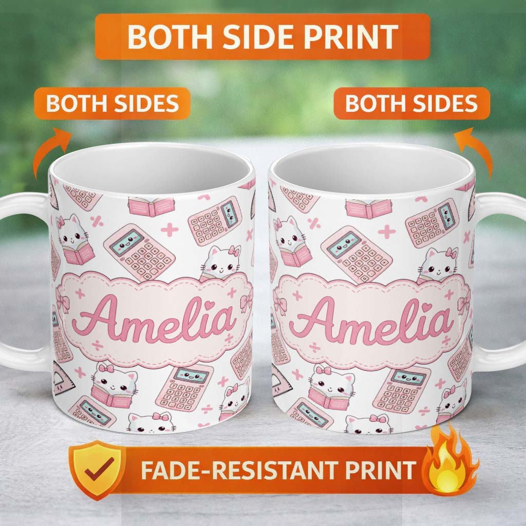 Personalized Custom Name Cute Kawaii Maths Cat Calculator Ruler Grey Seamless Pattern Name 11oz Ceramic Coffee Tea Mug White Large Handle