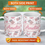Personalized Custom Name Cute Kawaii Maths Cat Calculator Ruler Grey Seamless Pattern Name 11oz Ceramic Coffee Tea Mug White Large Handle