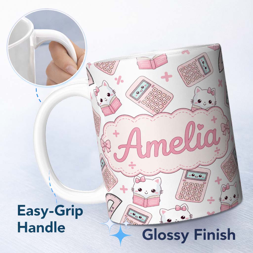 Personalized Custom Name Cute Kawaii Maths Cat Calculator Ruler Grey Seamless Pattern Name 11oz Ceramic Coffee Tea Mug White Large Handle
