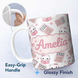 Personalized Custom Name Cute Kawaii Maths Cat Calculator Ruler Grey Seamless Pattern Name 11oz Ceramic Coffee Tea Mug White Large Handle