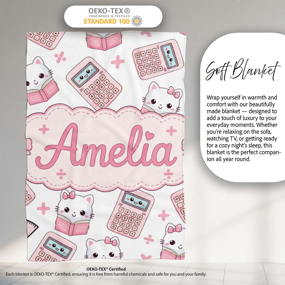 Cute Kawaii Maths Cat Calculator Ruler Grey Seamless Pattern Name  Personalised Custom Name Super Soft Fleece Blanket Bed Sofa Throw