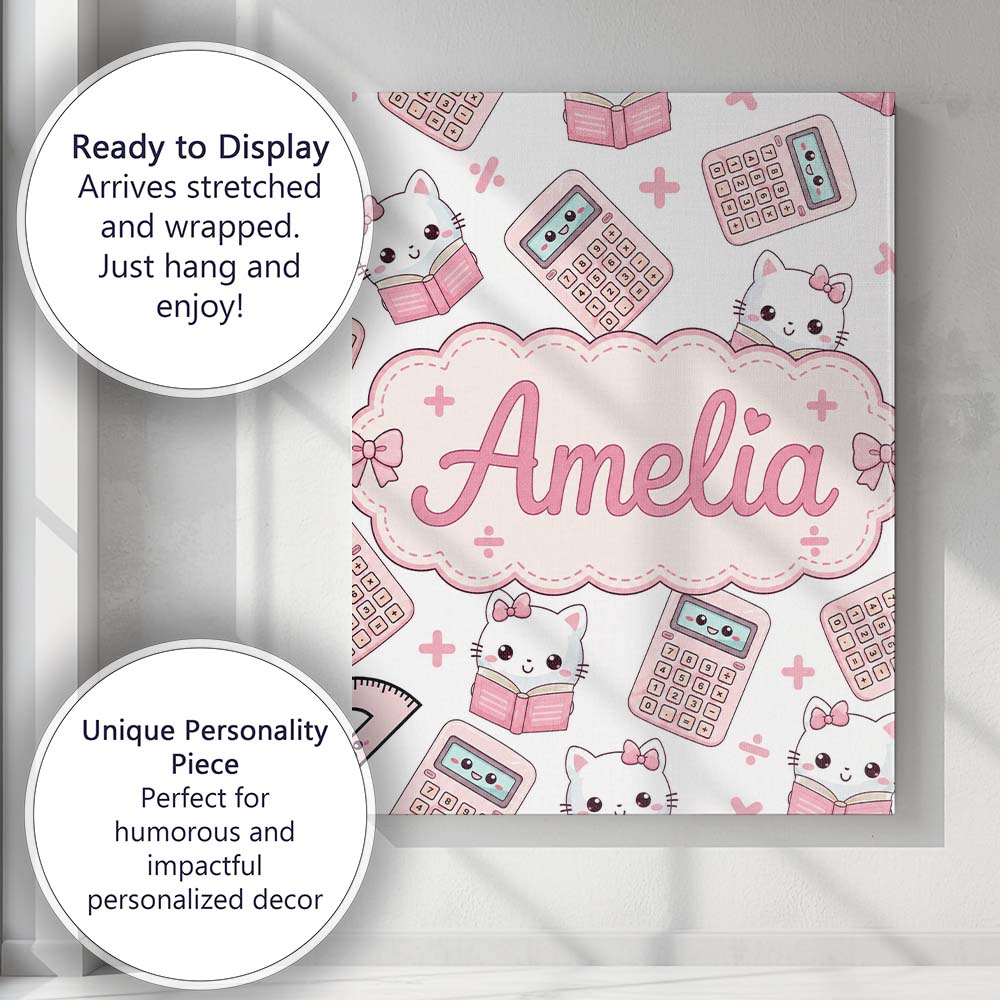 Personalised Name Cute Kawaii Maths Cat Custom  Modern Room Accent Elegant Feature Canvas Wall Art Print Decor Picture Ready to Hang