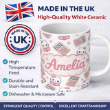 Personalized Custom Name Cute Kawaii Maths Cat Calculator Ruler Grey Seamless Pattern Name 11oz Ceramic Coffee Tea Mug White Large Handle