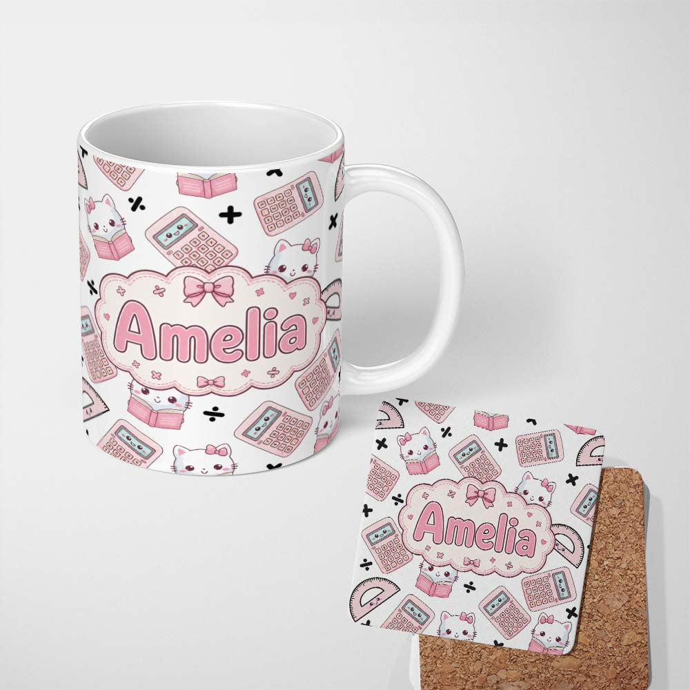 Personalized Custom Name Cute Kawaii Maths Cat Calculator Ruler White Seamless Pattern Name 11oz Ceramic Coffee Tea Mug White Large Handle