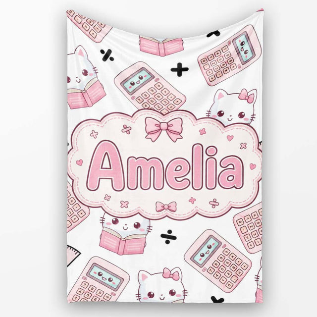 Cute Kawaii Maths Cat Calculator Ruler White Seamless Pattern Name  Personalised Custom Name Super Soft Fleece Blanket Bed Sofa Throw
