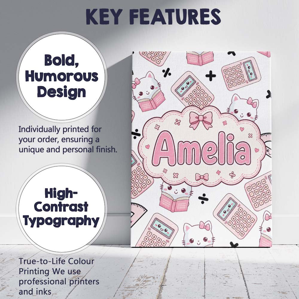 Personalised Name Cute Kawaii Maths Cat Custom  Modern Room Accent Elegant Feature Canvas Wall Art Print Decor Picture Ready to Hang