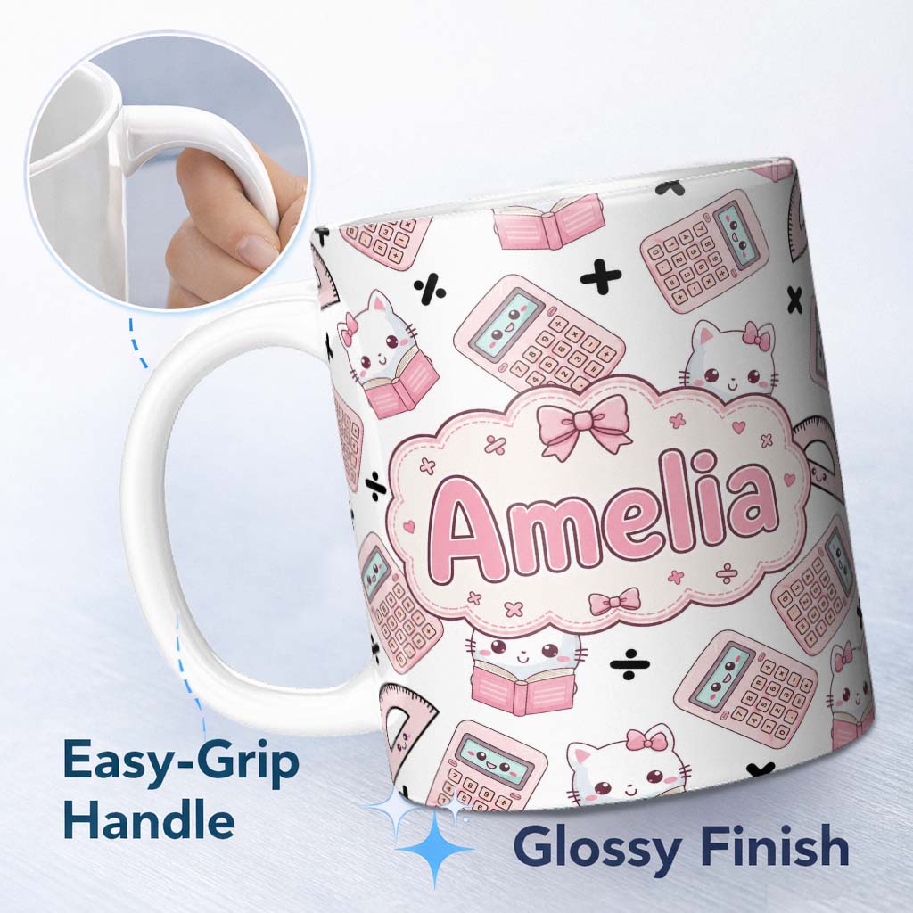 Personalized Custom Name Cute Kawaii Maths Cat Calculator Ruler White Seamless Pattern Name 11oz Ceramic Coffee Tea Mug White Large Handle