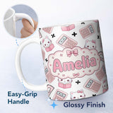 Personalized Custom Name Cute Kawaii Maths Cat Calculator Ruler White Seamless Pattern Name 11oz Ceramic Coffee Tea Mug White Large Handle