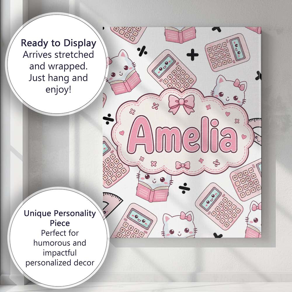 Personalised Name Cute Kawaii Maths Cat Custom  Modern Room Accent Elegant Feature Canvas Wall Art Print Decor Picture Ready to Hang