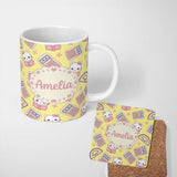 Personalized Custom Name Cute Kawaii Maths Cat Calculator Ruler Yellow Seamless Pattern 11oz Ceramic Coffee Tea Mug White Large Handle