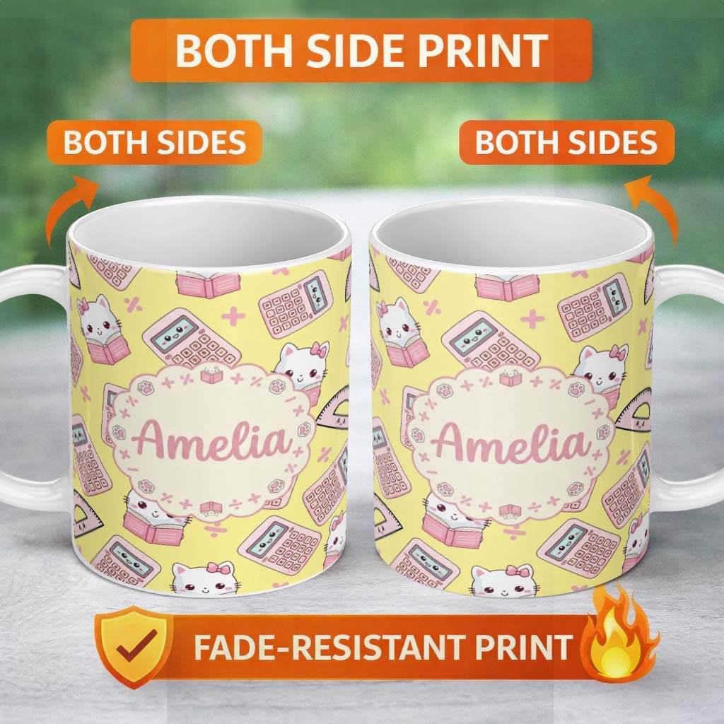 Personalized Custom Name Cute Kawaii Maths Cat Calculator Ruler Yellow Seamless Pattern 11oz Ceramic Coffee Tea Mug White Large Handle