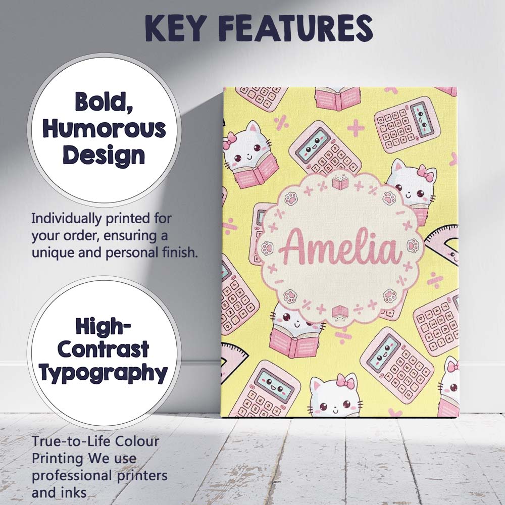 Personalised Name Cute Kawaii Maths Cat Custom  Modern Room Accent Elegant Feature Canvas Wall Art Print Decor Picture Ready to Hang