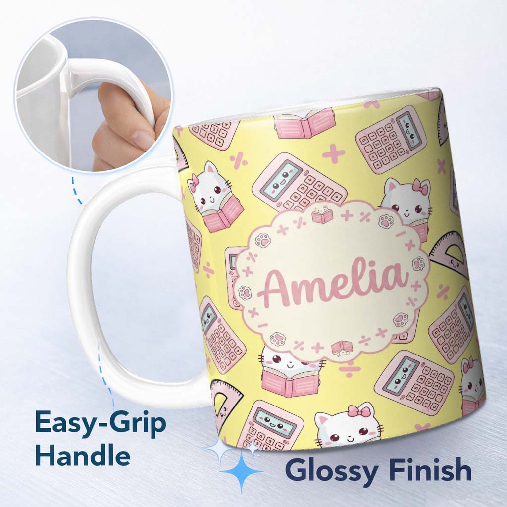 Personalized Custom Name Cute Kawaii Maths Cat Calculator Ruler Yellow Seamless Pattern 11oz Ceramic Coffee Tea Mug White Large Handle