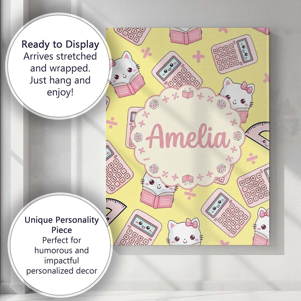 Personalised Name Cute Kawaii Maths Cat Custom  Modern Room Accent Elegant Feature Canvas Wall Art Print Decor Picture Ready to Hang