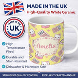 Personalized Custom Name Cute Kawaii Maths Cat Calculator Ruler Yellow Seamless Pattern 11oz Ceramic Coffee Tea Mug White Large Handle