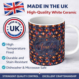 Personalized Custom Name Warm Abstract Floral Tile Pattern in Orange and Navy Seamless Lovely 11oz Ceramic Coffee Tea Mug White Large Handle
