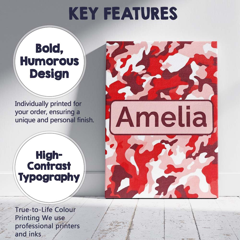 Personalised Name Red Pink Abstract Camouflage Seamless Pattern Cute Custom  Home Canvas Wall Art Print Decor Picture Ready to Hang