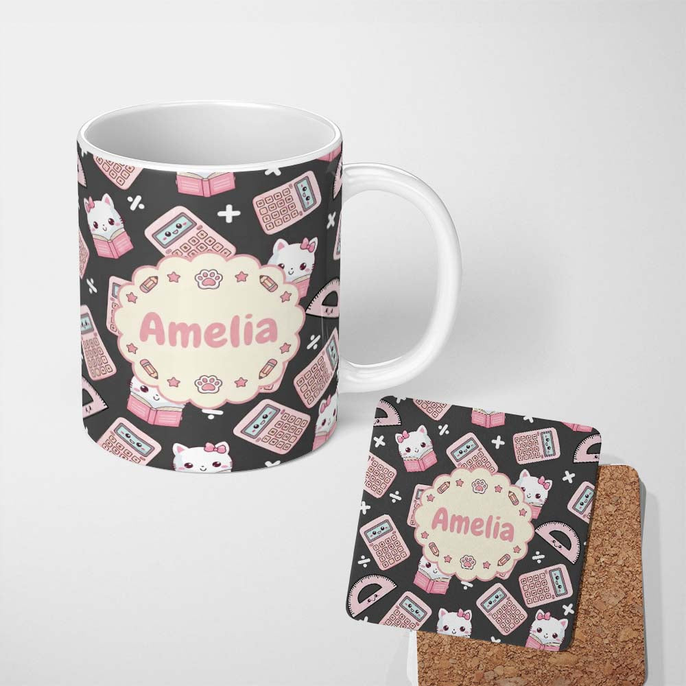 Personalized Custom Name Cute Kawaii Maths Cat Calculator Ruler Dark Seamless Pattern Name 11oz Ceramic Coffee Tea Mug White Large Handle
