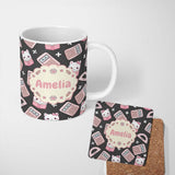 Personalized Custom Name Cute Kawaii Maths Cat Calculator Ruler Dark Seamless Pattern Name 11oz Ceramic Coffee Tea Mug White Large Handle