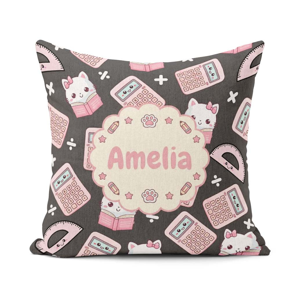 Custom Name Kawaii Maths Cat Calculator Ruler Dark Seamless Name Square Filled Cushion Throw Pillow Sofa Bed Home Decor Zip Washable UK Made