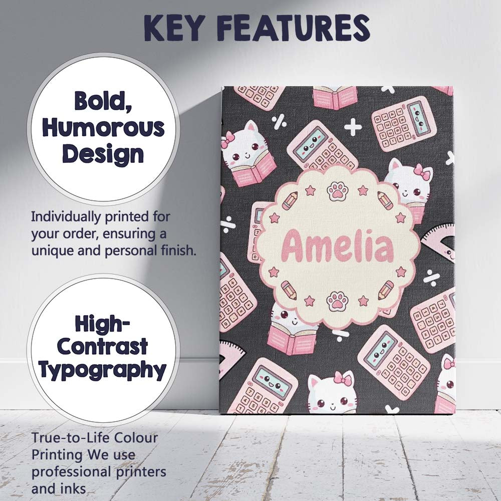 Personalised Name Cute Kawaii Maths Cat Custom  Modern Room Accent Elegant Feature Canvas Wall Art Print Decor Picture Ready to Hang