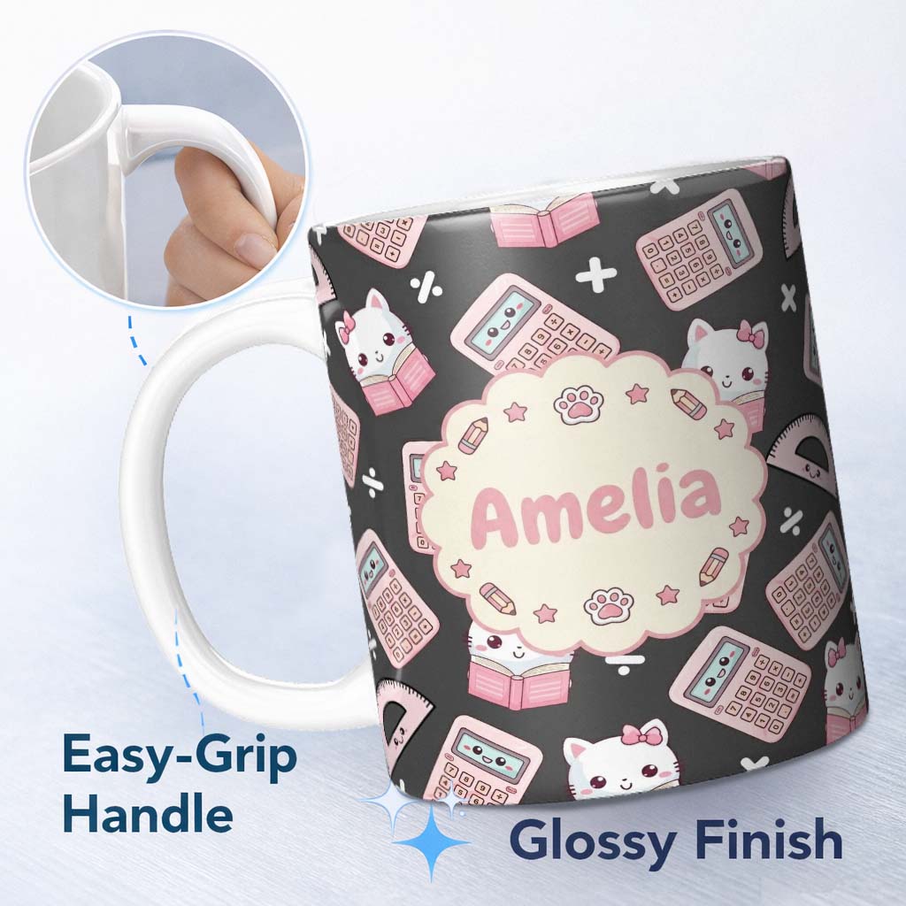 Personalized Custom Name Cute Kawaii Maths Cat Calculator Ruler Dark Seamless Pattern Name 11oz Ceramic Coffee Tea Mug White Large Handle