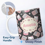 Personalized Custom Name Cute Kawaii Maths Cat Calculator Ruler Dark Seamless Pattern Name 11oz Ceramic Coffee Tea Mug White Large Handle