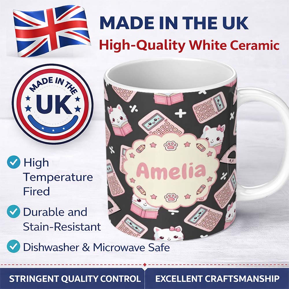 Personalized Custom Name Cute Kawaii Maths Cat Calculator Ruler Dark Seamless Pattern Name 11oz Ceramic Coffee Tea Mug White Large Handle
