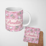 Personalized Custom Name Cute Kawaii Maths Cat Calculator Ruler Pink Seamless Pattern Name 11oz Ceramic Coffee Tea Mug White Large Handle
