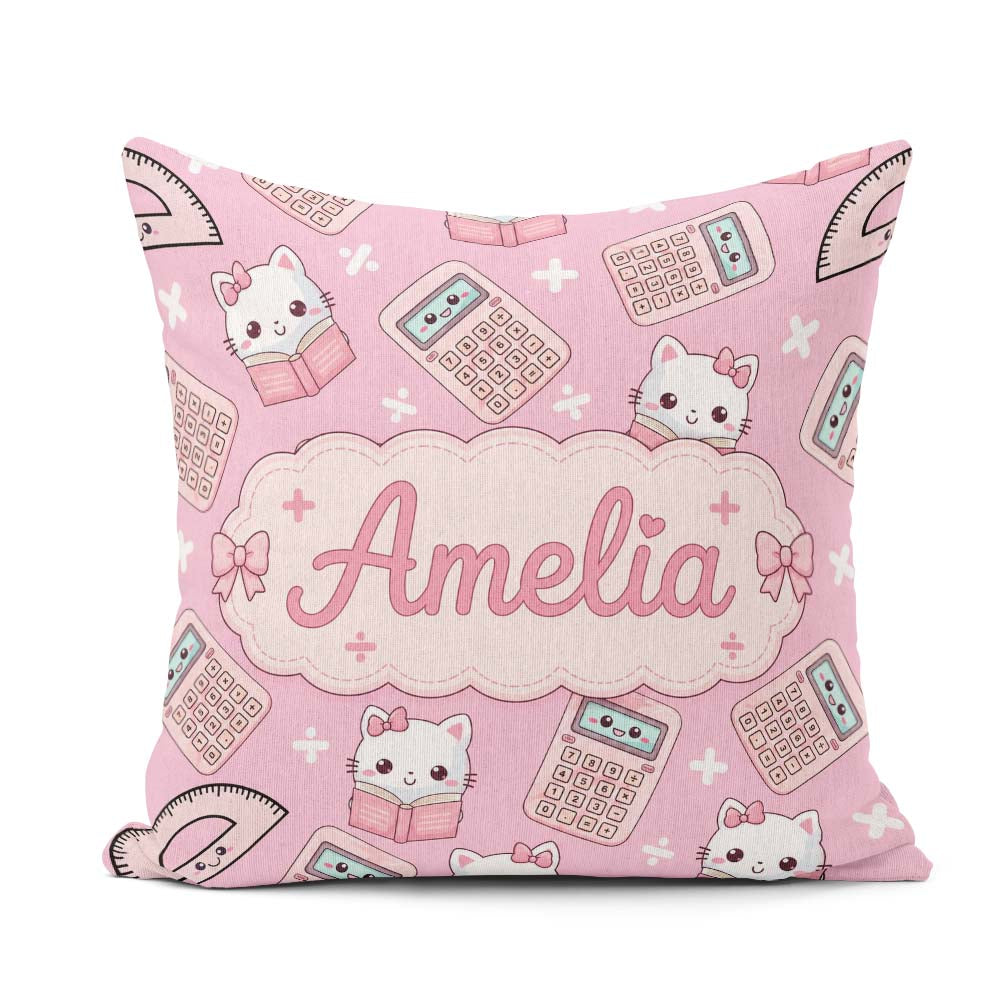 Custom Name Kawaii Maths Cat Calculator Ruler Pink Seamless Name Square Filled Cushion Throw Pillow Sofa Bed Home Decor Zip Washable UK Made