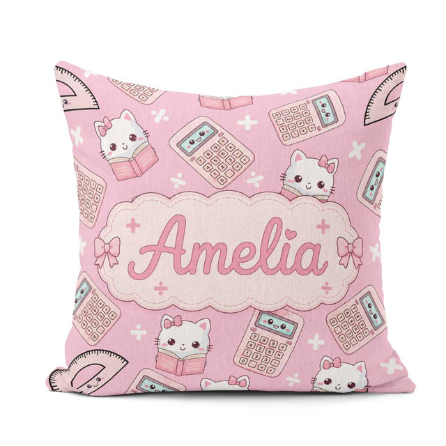 Custom Name Kawaii Maths Cat Calculator Ruler Pink Seamless Name Square Filled Cushion Throw Pillow Sofa Bed Home Decor Zip Washable UK Made