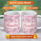 Personalized Custom Name Cute Kawaii Maths Cat Calculator Ruler Pink Seamless Pattern Name 11oz Ceramic Coffee Tea Mug White Large Handle