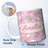 Personalized Custom Name Cute Kawaii Maths Cat Calculator Ruler Pink Seamless Pattern Name 11oz Ceramic Coffee Tea Mug White Large Handle