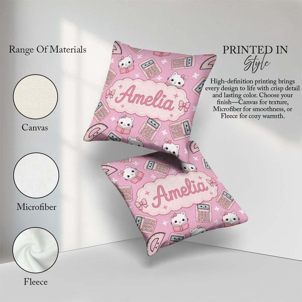 Custom Name Kawaii Maths Cat Calculator Ruler Pink Seamless Name Square Filled Cushion Throw Pillow Sofa Bed Home Decor Zip Washable UK Made