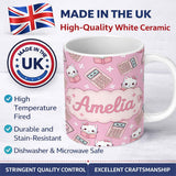 Personalized Custom Name Cute Kawaii Maths Cat Calculator Ruler Pink Seamless Pattern Name 11oz Ceramic Coffee Tea Mug White Large Handle