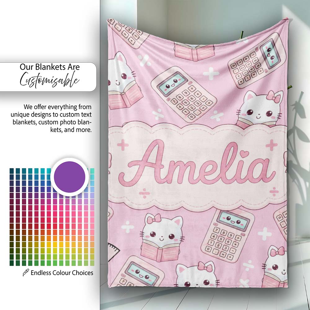 Cute Kawaii Maths Cat Calculator Ruler Pink Seamless Pattern Name  Personalised Custom Name Super Soft Fleece Blanket Bed Sofa Throw