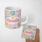 Personalized Custom Name Cute Kawaii Space Rocket Globe Sun Seamless Pattern Name Unique Gift 11oz Ceramic Coffee Tea Mug White Large Handle