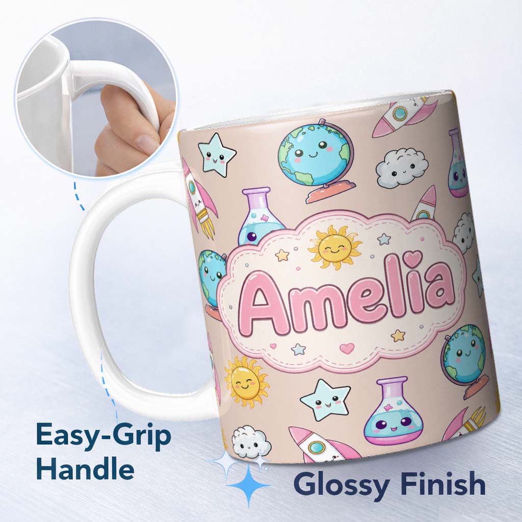 Personalized Custom Name Cute Kawaii Space Rocket Globe Sun Seamless Pattern Name Unique Gift 11oz Ceramic Coffee Tea Mug White Large Handle