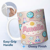 Personalized Custom Name Cute Kawaii Space Rocket Globe Sun Seamless Pattern Name Unique Gift 11oz Ceramic Coffee Tea Mug White Large Handle