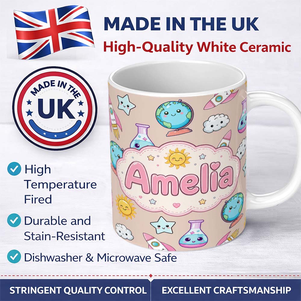 Personalized Custom Name Cute Kawaii Space Rocket Globe Sun Seamless Pattern Name Unique Gift 11oz Ceramic Coffee Tea Mug White Large Handle