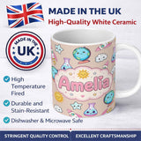 Personalized Custom Name Cute Kawaii Space Rocket Globe Sun Seamless Pattern Name Unique Gift 11oz Ceramic Coffee Tea Mug White Large Handle