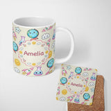 Personalized Custom Name Cute Kawaii Space Rocket Globe Sun Cream Seamless Pattern Name 11oz Ceramic Coffee Tea Mug White Large Handle