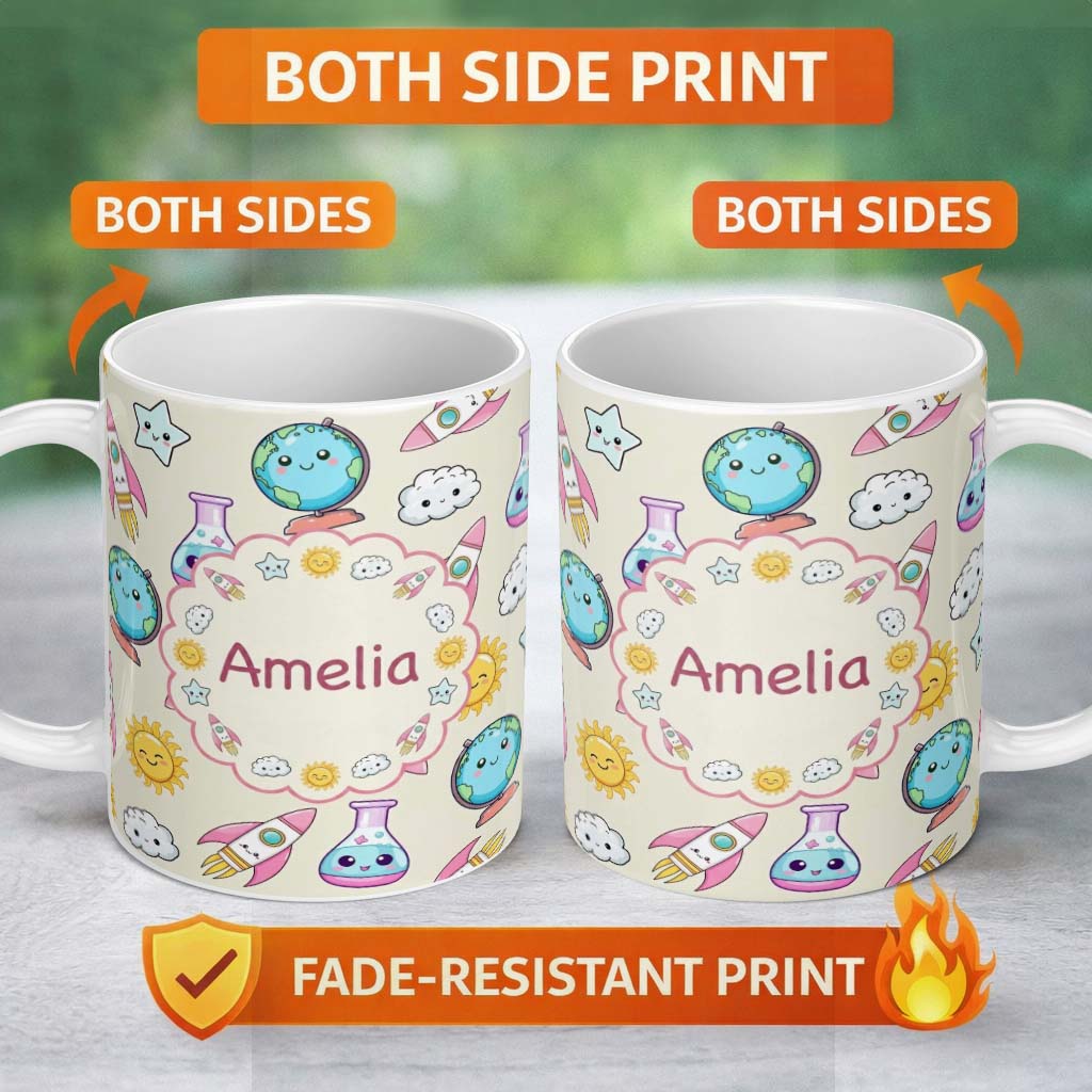 Personalized Custom Name Cute Kawaii Space Rocket Globe Sun Cream Seamless Pattern Name 11oz Ceramic Coffee Tea Mug White Large Handle