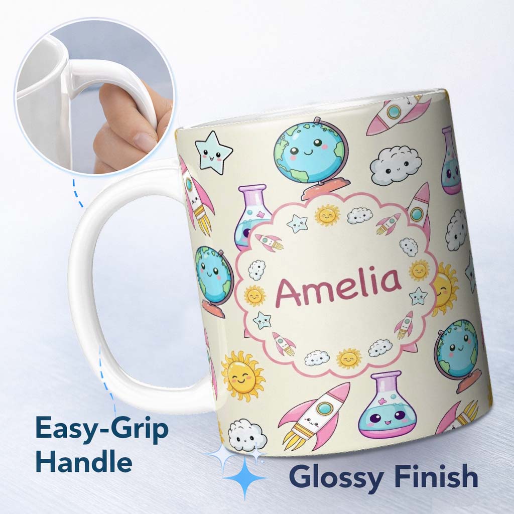 Personalized Custom Name Cute Kawaii Space Rocket Globe Sun Cream Seamless Pattern Name 11oz Ceramic Coffee Tea Mug White Large Handle