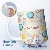 Personalized Custom Name Cute Kawaii Space Rocket Globe Sun Cream Seamless Pattern Name 11oz Ceramic Coffee Tea Mug White Large Handle