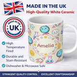 Personalized Custom Name Cute Kawaii Space Rocket Globe Sun Cream Seamless Pattern Name 11oz Ceramic Coffee Tea Mug White Large Handle