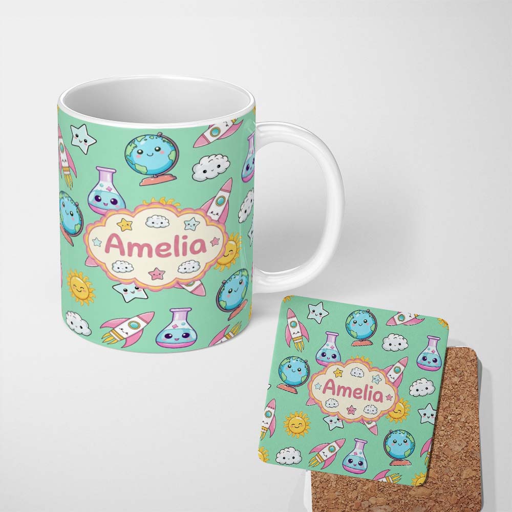 Personalized Custom Name Cute Kawaii Space Rocket Globe Sun Star Learning Seamless Pattern 11oz Ceramic Coffee Tea Mug White Large Handle