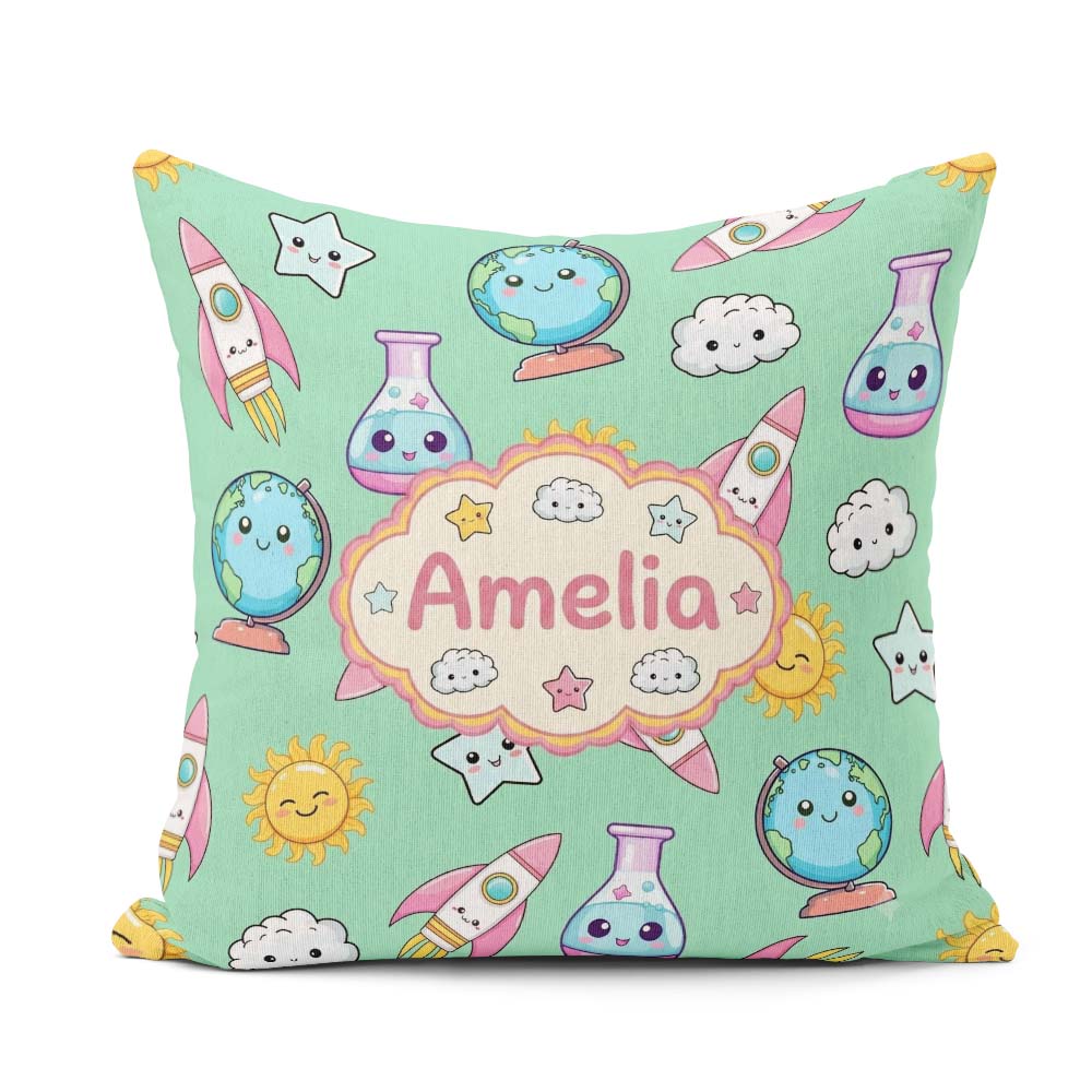 Custom Name Kawaii Space Rocket Globe Sun Star Learning Seamless Square Filled Cushion Throw Pillow Sofa Bed Home Decor Zip Washable UK Made