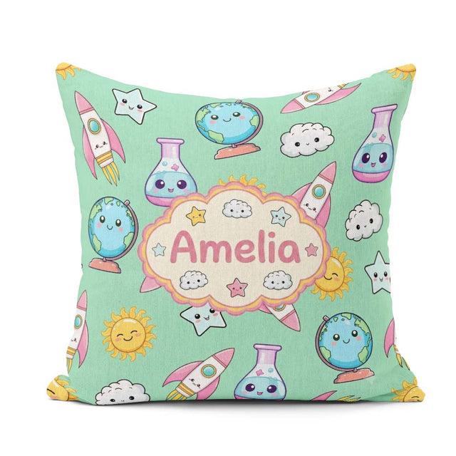 Custom Name Kawaii Space Rocket Globe Sun Star Learning Seamless Square Filled Cushion Throw Pillow Sofa Bed Home Decor Zip Washable UK Made